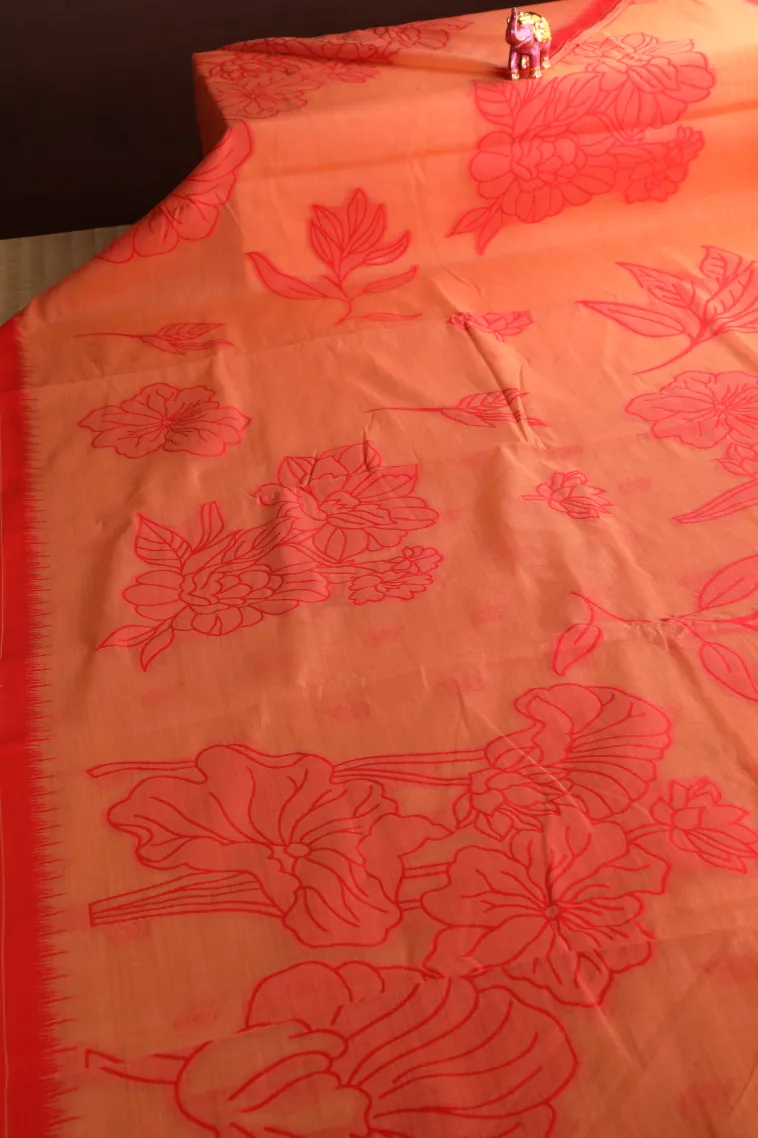 Peach Pink Linen Saree Without Zari With Floral Patterns view 2