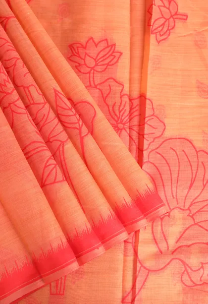 Peach Pink Linen Saree Without Zari With Floral Patterns