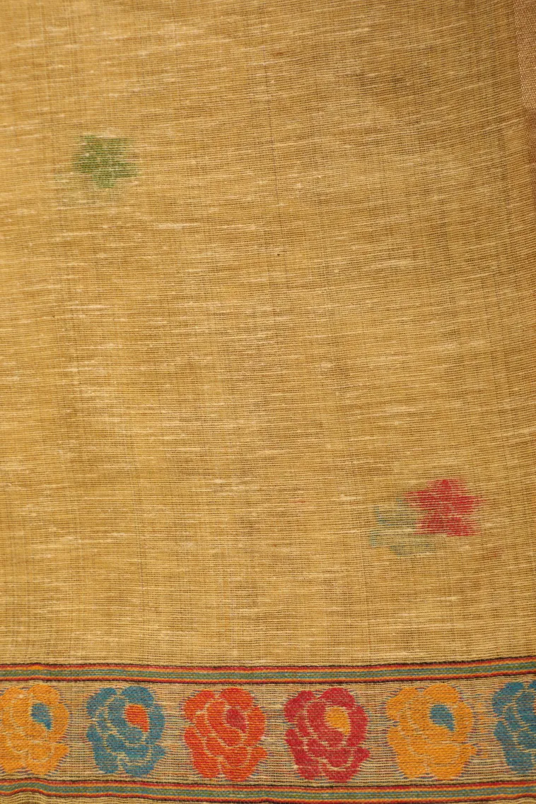 Shortbread Yellow Linen Saree with Gold Zari Flower Mottif view 3