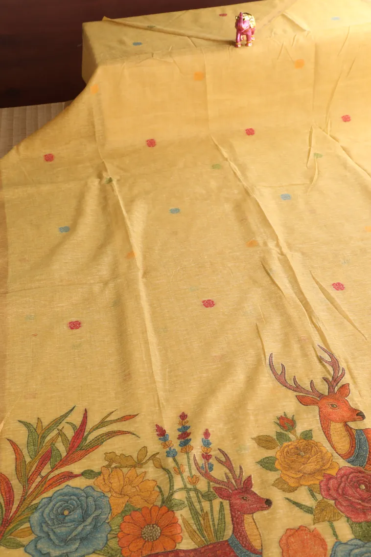 Shortbread Yellow Linen Saree with Gold Zari Flower Mottif view 2