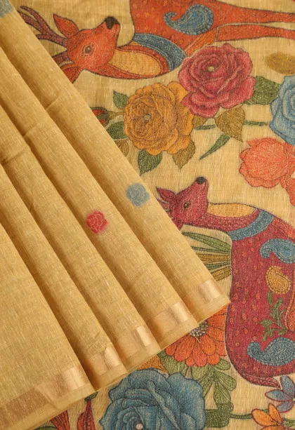 Shortbread Yellow Linen Saree with Gold Zari Flower Mottif