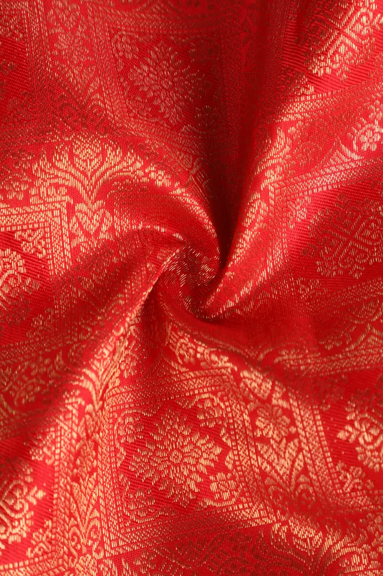 Rose Red Kanchipuram Silk Sarees with Gold Zari Zari Puttas view 4