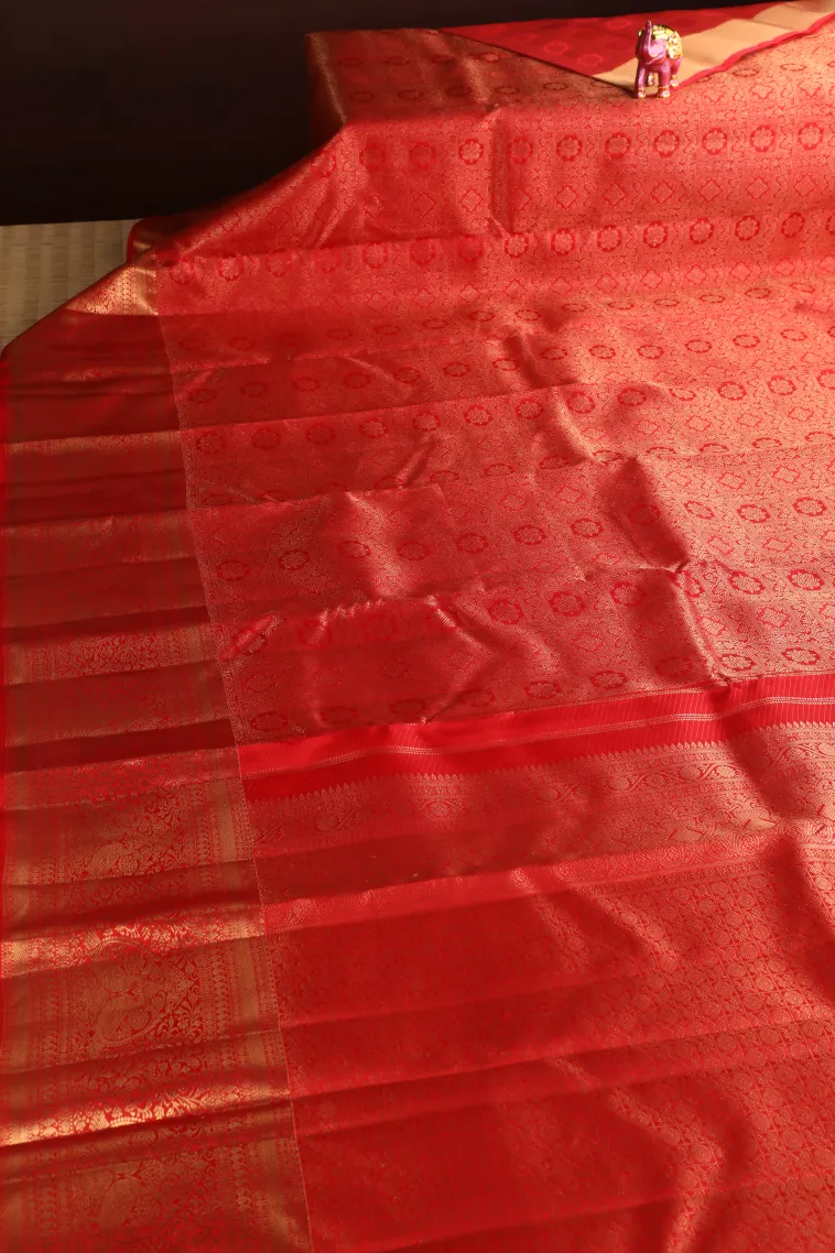 Rose Red Kanchipuram Silk Sarees with Gold Zari Zari Puttas view 2