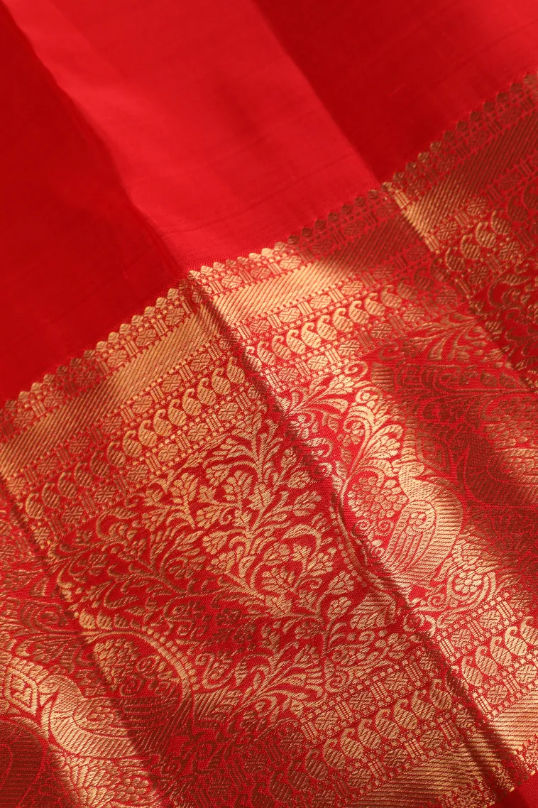 Rose Red Kanchipuram Silk Sarees with Gold Zari Zari Puttas view 3