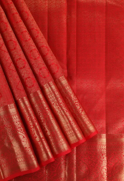 Rose Red Kanchipuram Silk Sarees with Gold Zari Zari Puttas