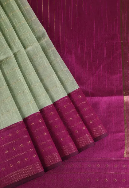 Pistachio Green Tussar Saree with Gold Zari Cross Straipes