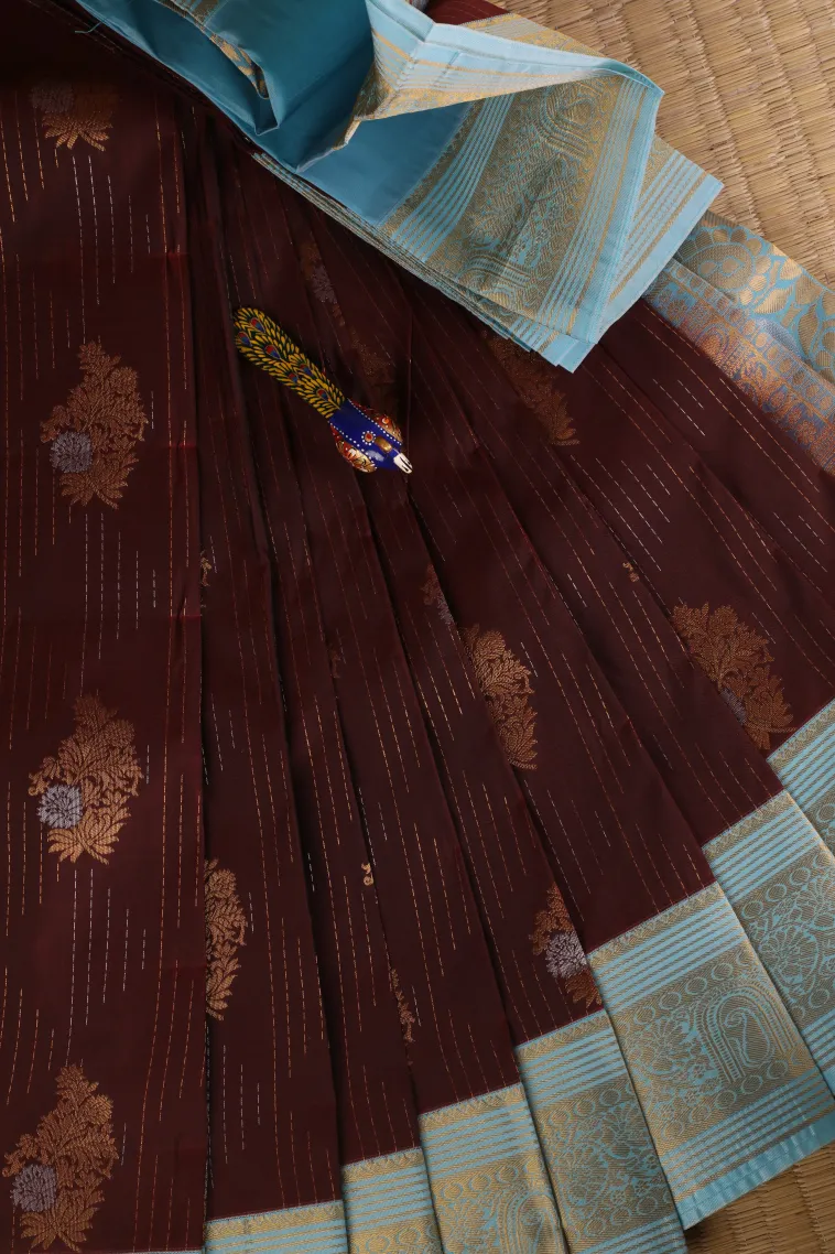 Caramel Brown Visiri Madippu Silk Sarees with Gold And Silver Zari Straipes And Puttas view 1