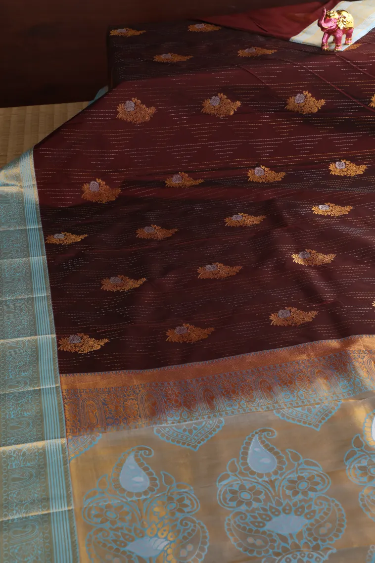 Caramel Brown Visiri Madippu Silk Sarees with Gold And Silver Zari Straipes And Puttas view 2