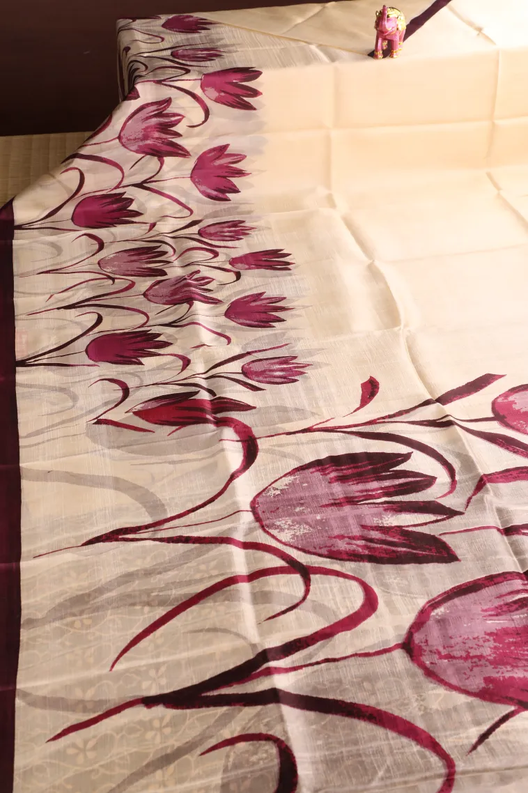 Cream White Soft Silk Sarees Without Zari With Floral Patterns view 2