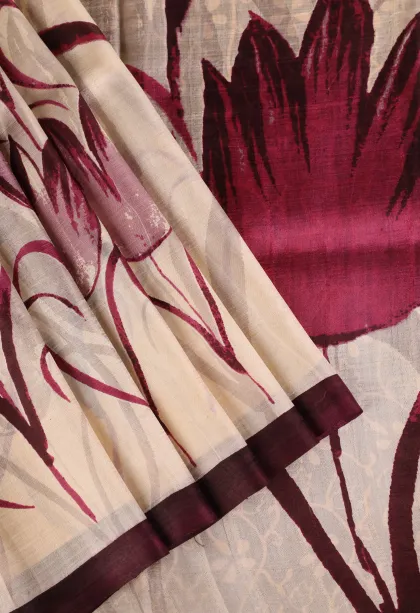 Cream White Soft Silk Sarees Without Zari With Floral Patterns