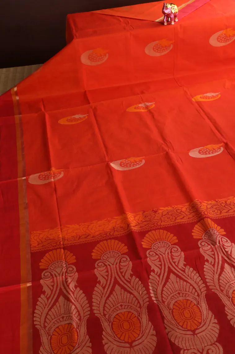Fire Orange Pure Handloom Kovai Cotton with Gold Zari Circle Mottif view 2