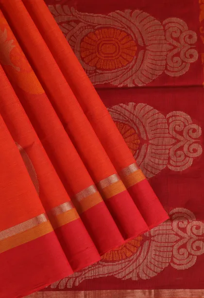 Fire Orange Pure Handloom Kovai Cotton with Gold Zari Circle Mottif