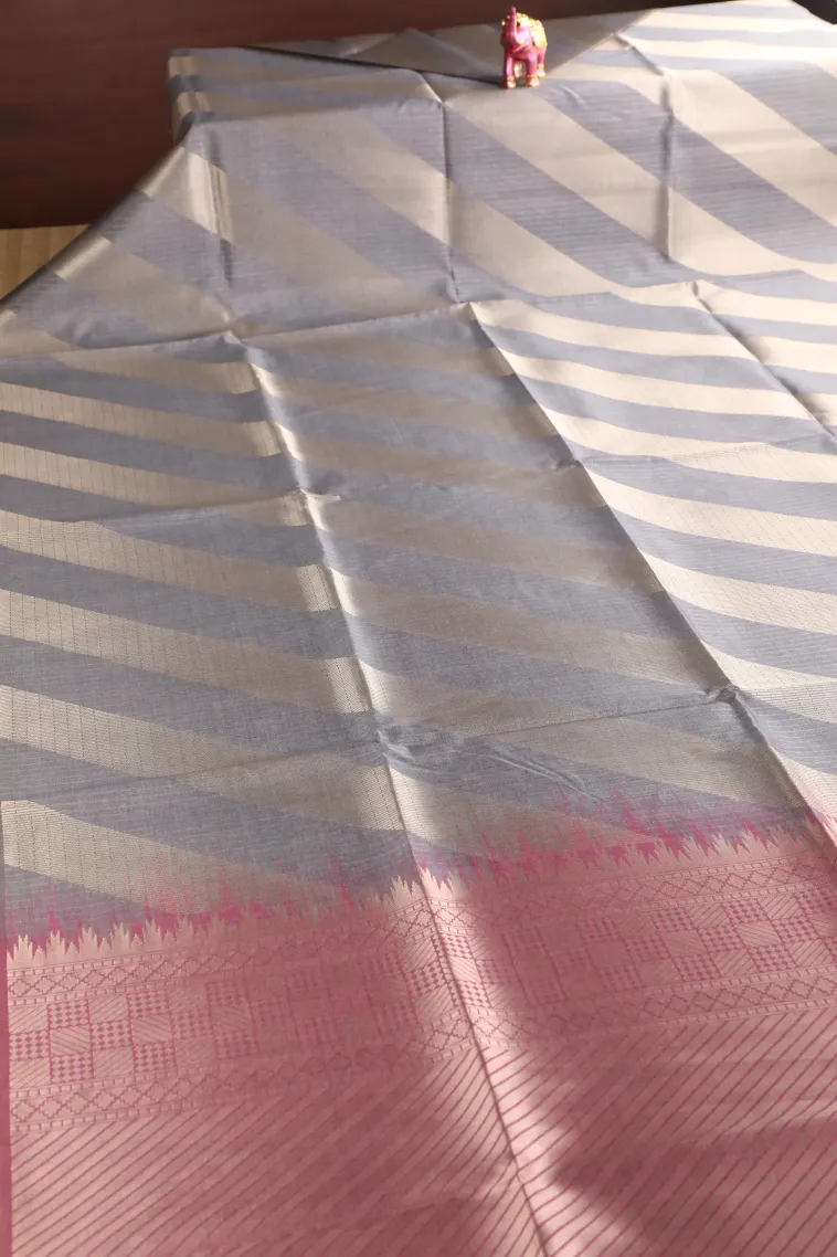 Charcoal Black Tussar Saree with Gold Zari Stripes view 2