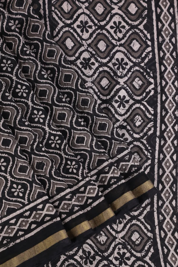 Asphalt Black Chanderi Cotton Sarees with Gold Zari Geometric Shapes