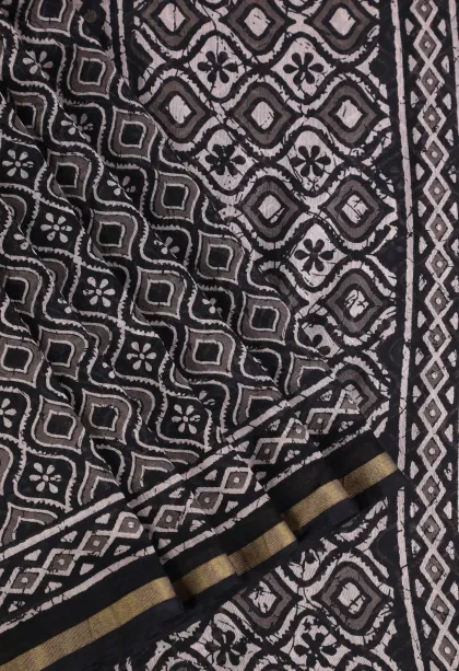 Asphalt Black Chanderi Cotton Sarees with Gold Zari Geometric Shapes