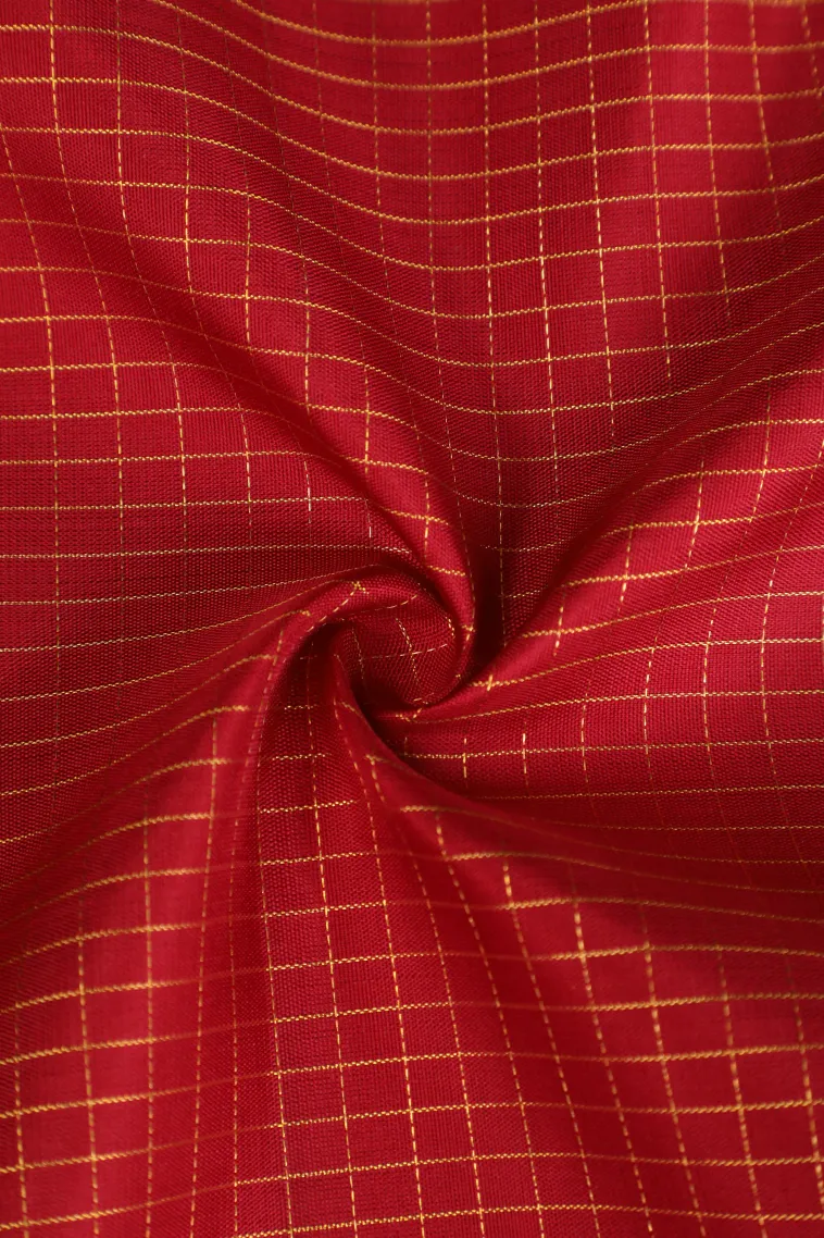 Rose Red Kanchipuram Silk Sarees with Gold Zari Small Checks Pattern view 4