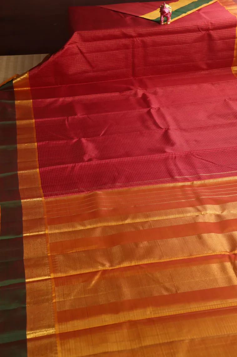 Rose Red Kanchipuram Silk Sarees with Gold Zari Small Checks Pattern view 2