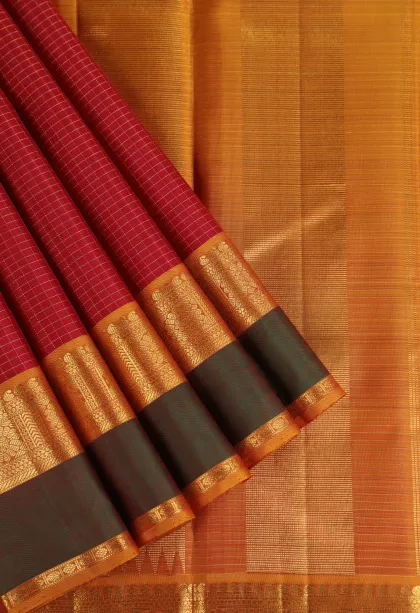 Rose Red Kanchipuram Silk Sarees with Gold Zari Small Checks Pattern