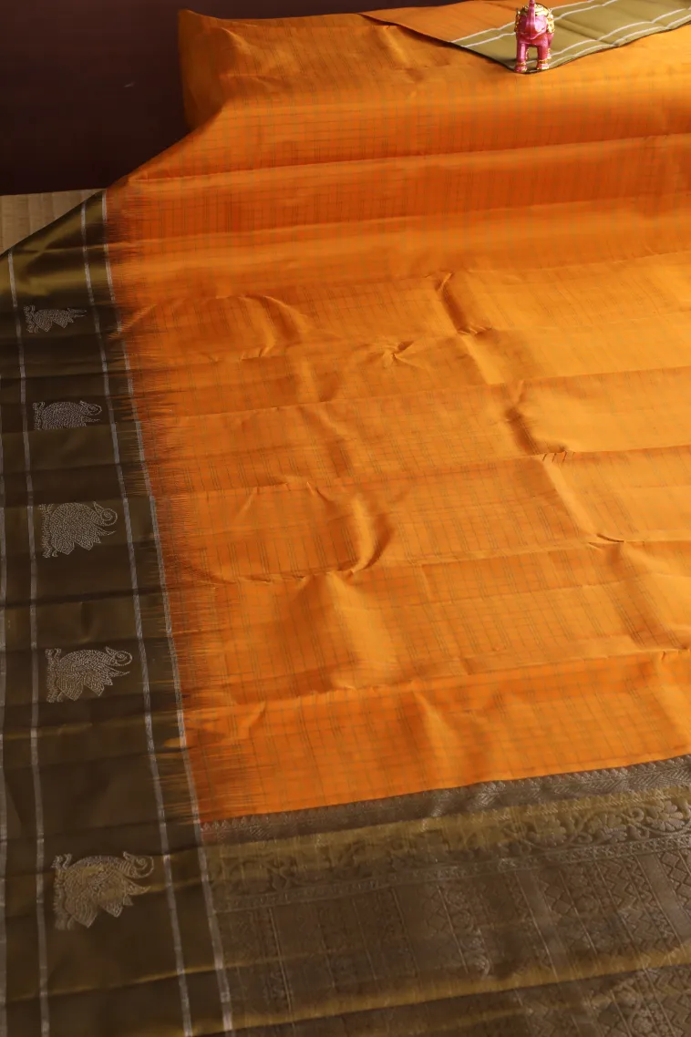 Fire Orange Soft Silk Saree with Silver Zari Checks view 2