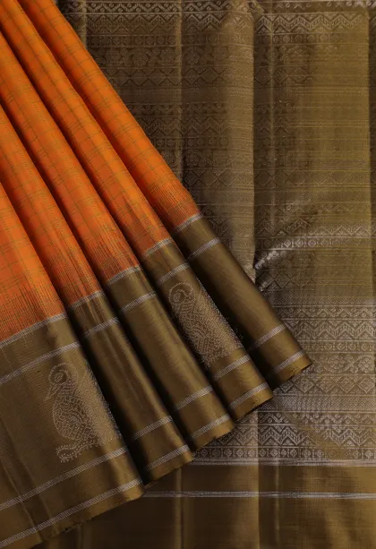 Fire Orange Soft Silk Saree with Silver Zari Checks