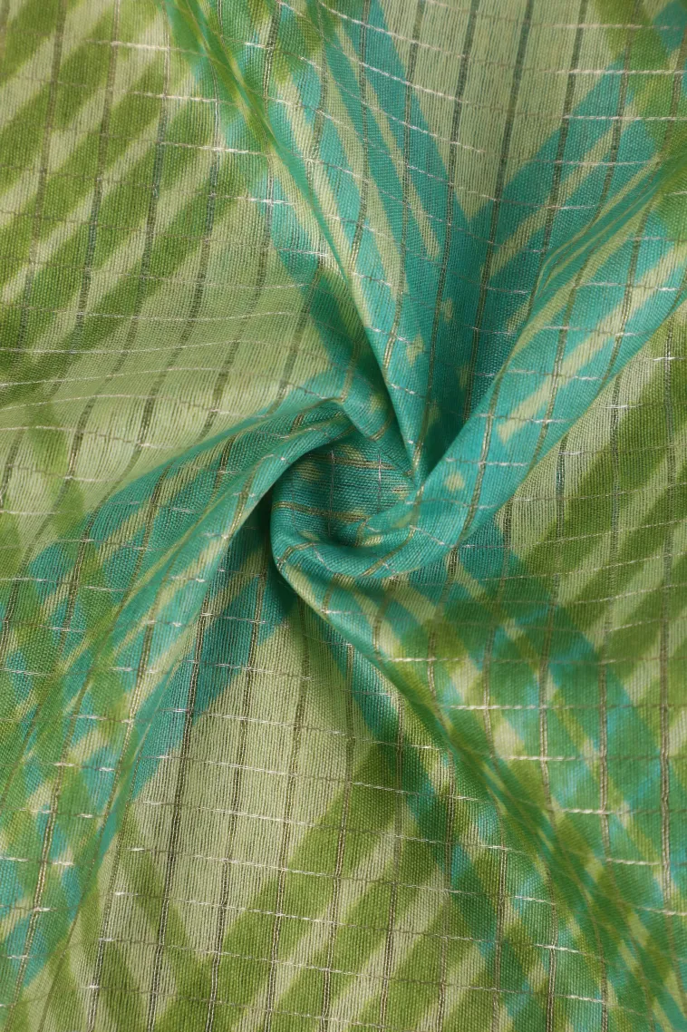 Lime Green Semi Tussar Silk with Gold And Silver Zari Small Checks Pattern view 4