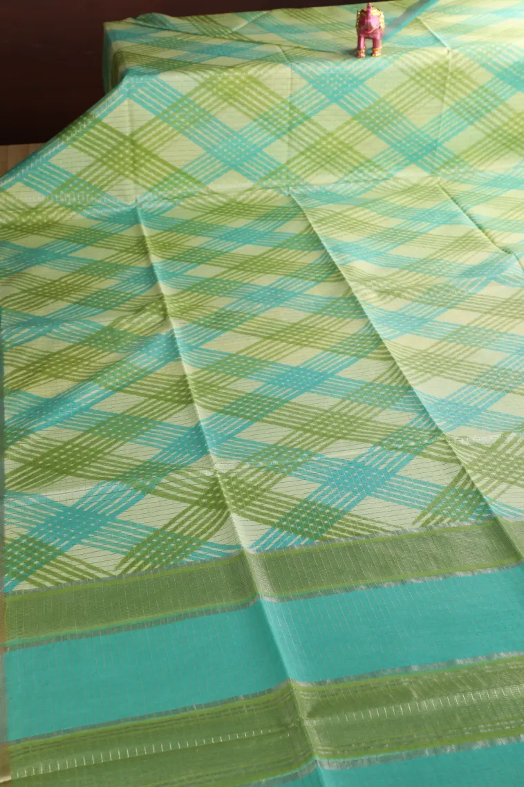 Lime Green Semi Tussar Silk with Gold And Silver Zari Small Checks Pattern view 2