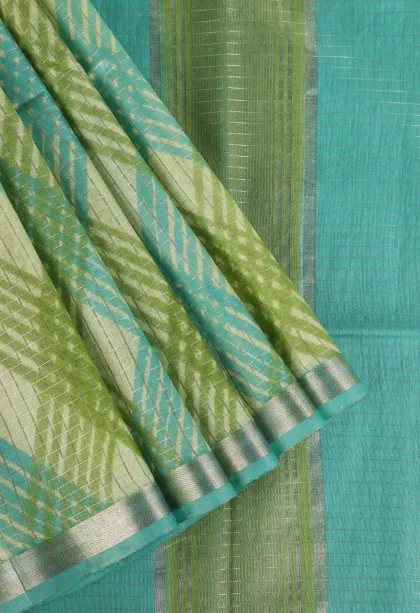 Lime Green Semi Tussar Silk with Gold And Silver Zari Small Checks Pattern