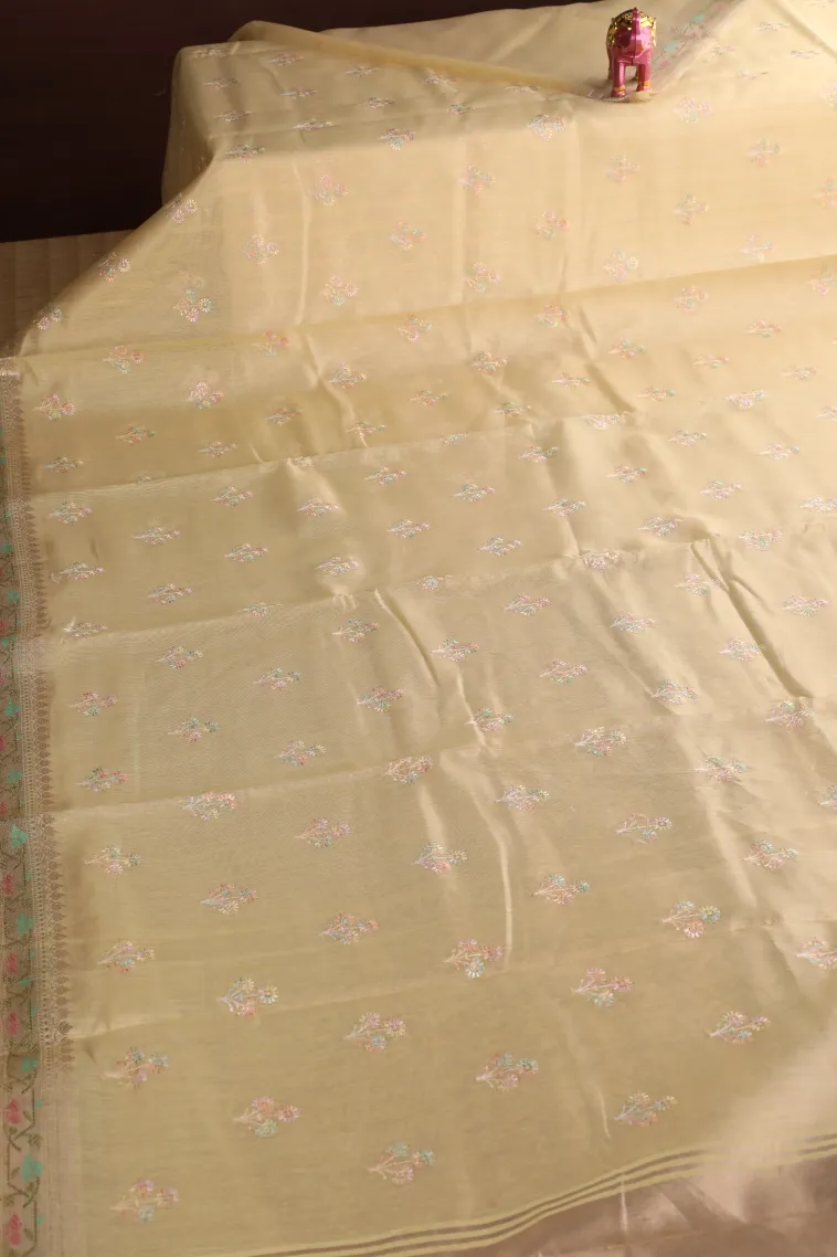 Sandollar Yellow Tissue Silk Sarees with Gold Zari Flower Mottif view 2