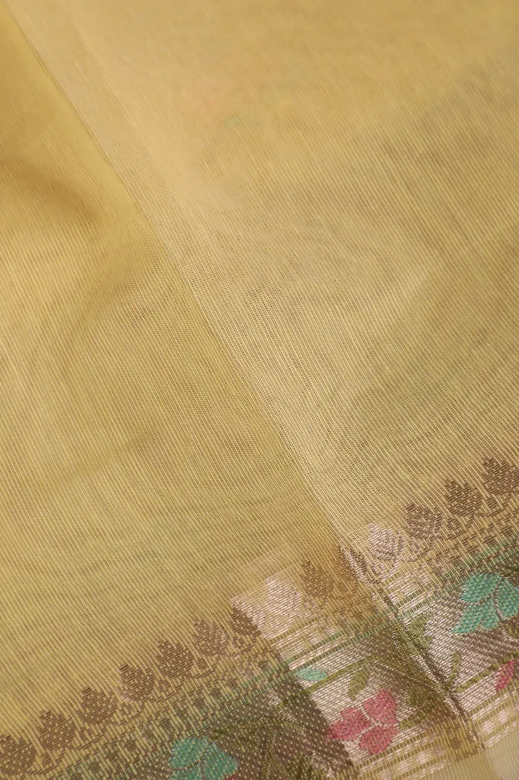 Sandollar Yellow Tissue Silk Sarees with Gold Zari Flower Mottif view 3