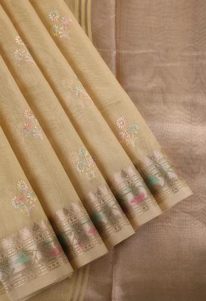 Sandollar Yellow Tissue Silk Sarees with Gold Zari Flower Mottif