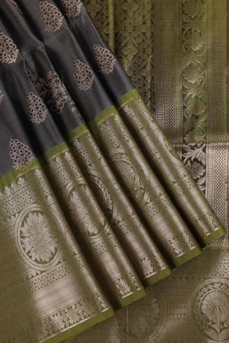 Eel Black Soft Silk Saree with Gold Zari Flower Mottif