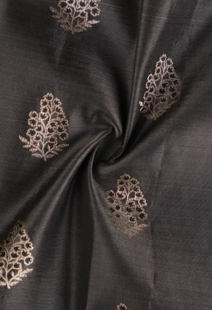 Eel Black Soft Silk Saree with Gold Zari Flower Mottif