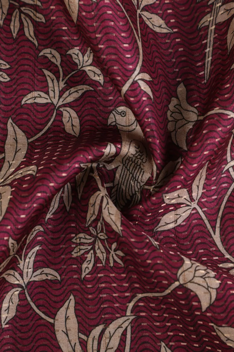 Magenta Purple Tussar Saree with Gold Zari Birds Mottif view 4