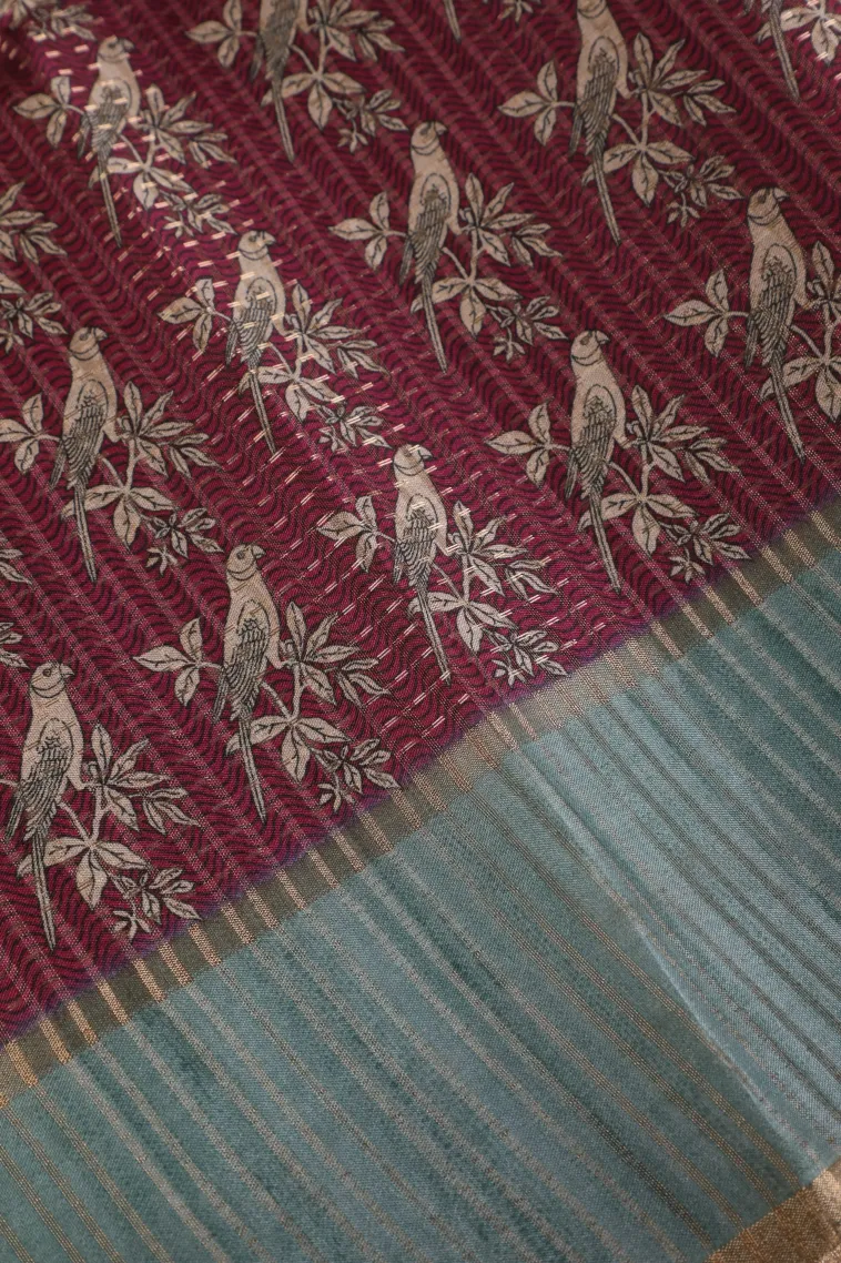 Magenta Purple Tussar Saree with Gold Zari Birds Mottif view 3