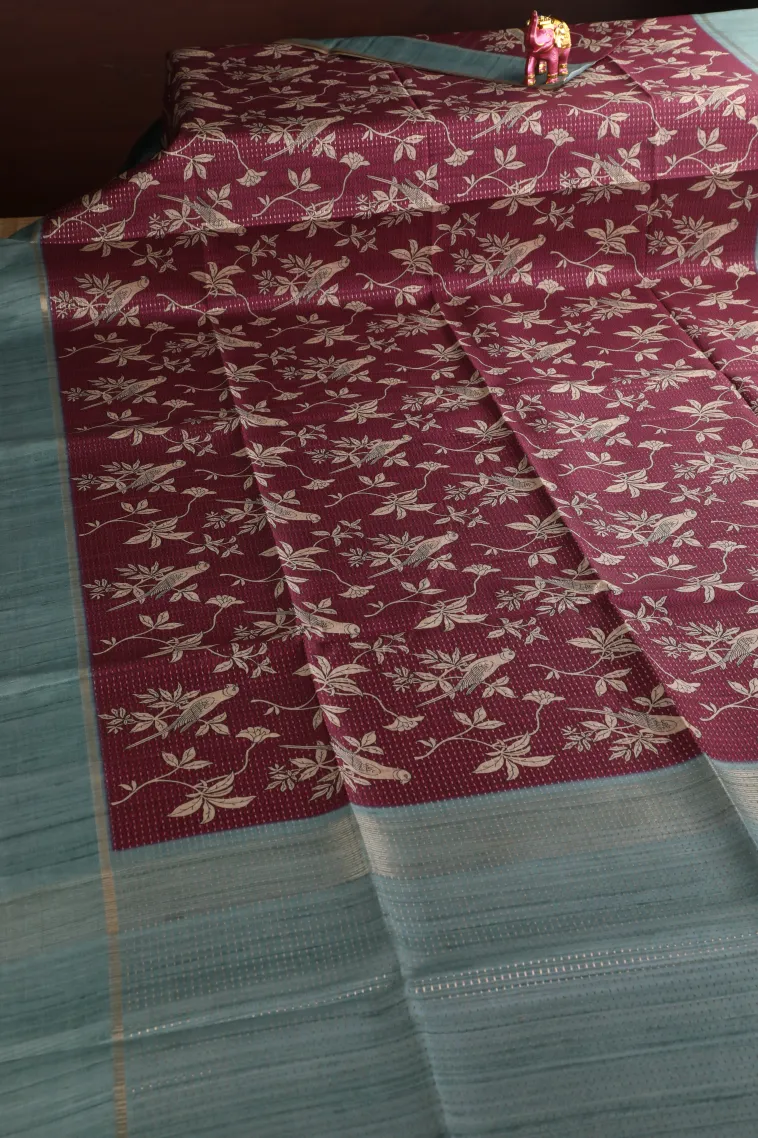 Magenta Purple Tussar Saree with Gold Zari Birds Mottif view 2