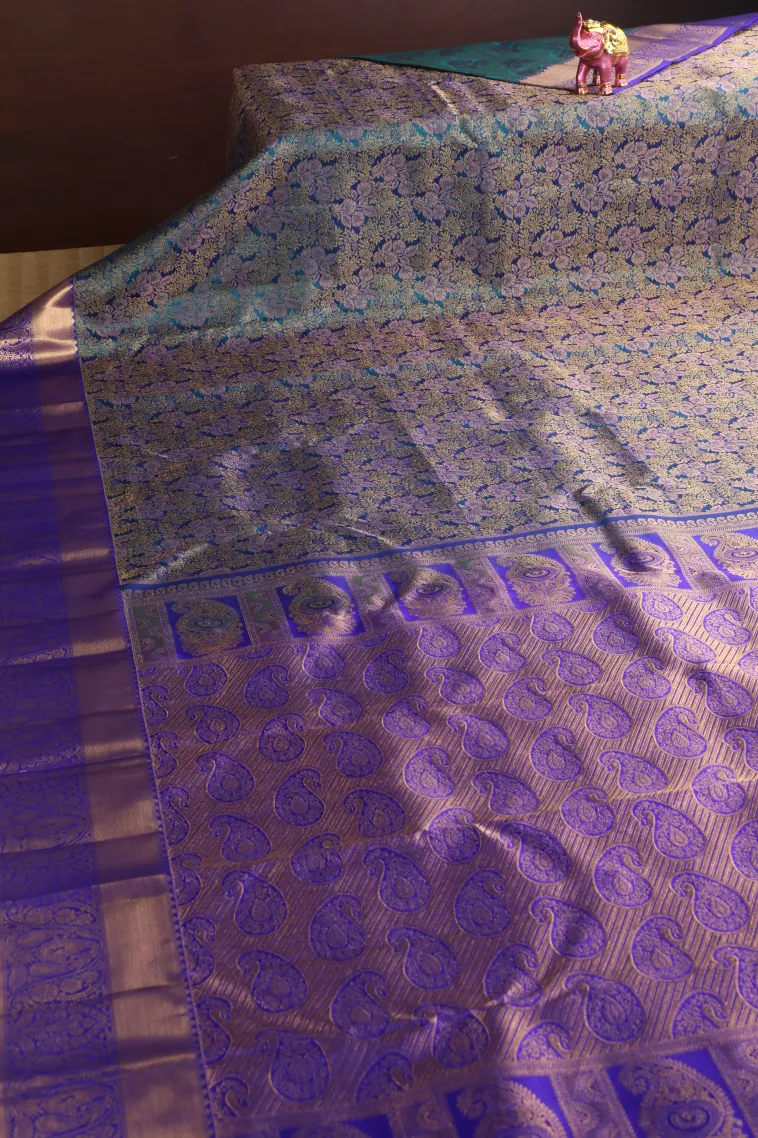 Aegean Blue Kanchipuram Silk Sarees with Gold Zari Floral Patterns view 2