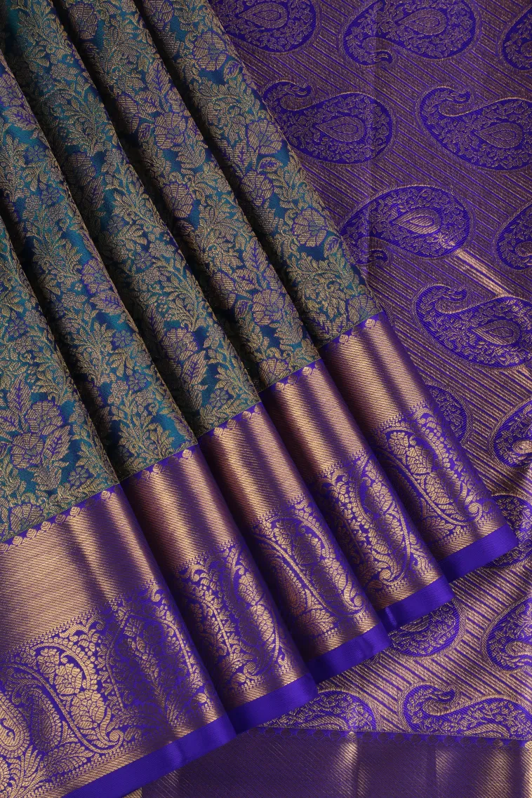 Aegean Blue Kanchipuram Silk Sarees with Gold Zari Floral Patterns