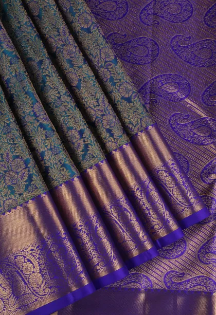 Aegean Blue Kanchipuram Silk Sarees with Gold Zari Floral Patterns