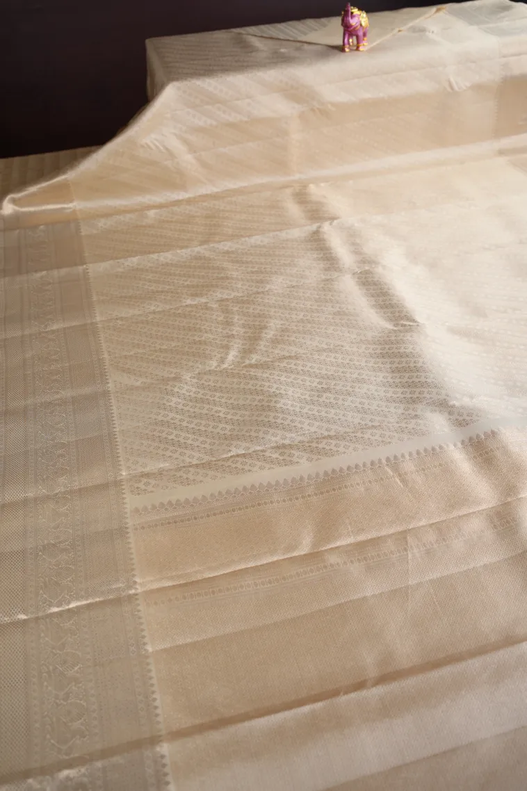 Cotton White Kanchipuram Silk Sarees with Gold Zari Cross Stripes view 2