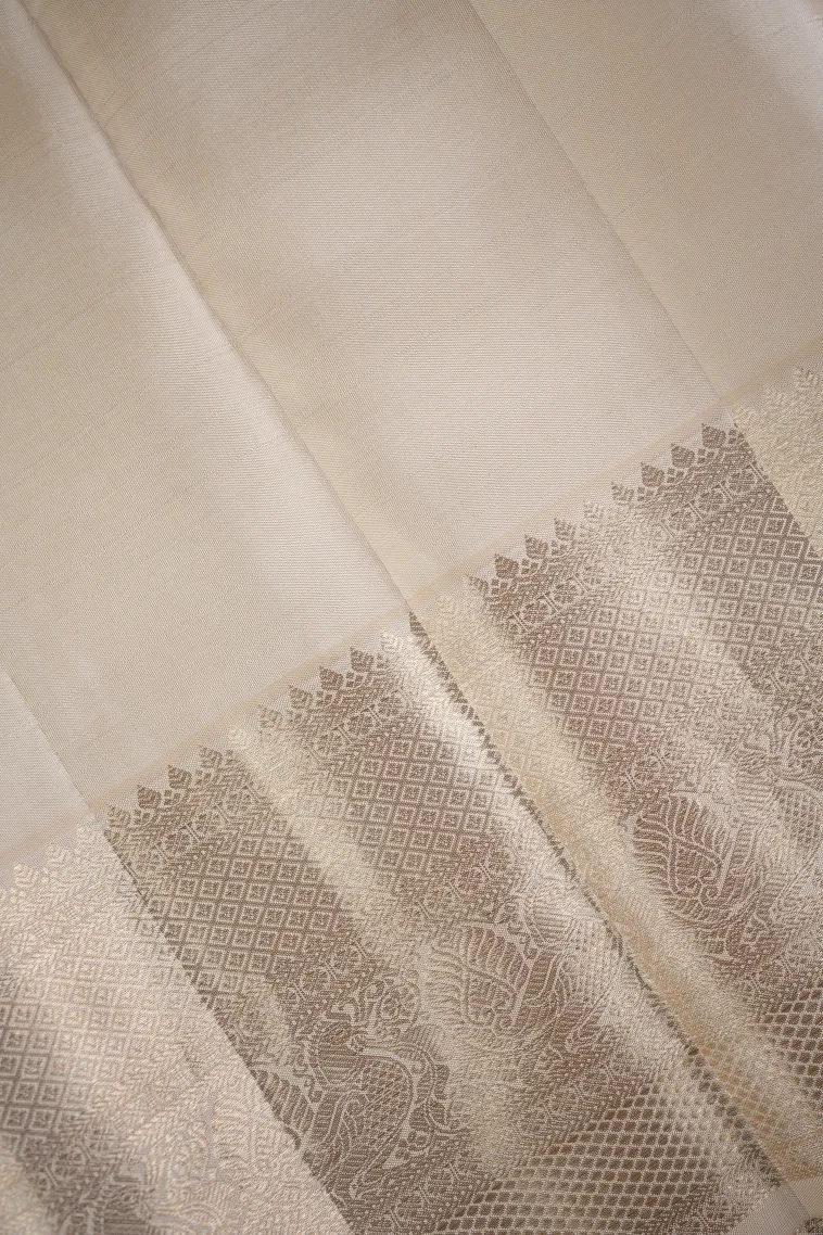 Cotton White Kanchipuram Silk Sarees with Gold Zari Cross Stripes view 3
