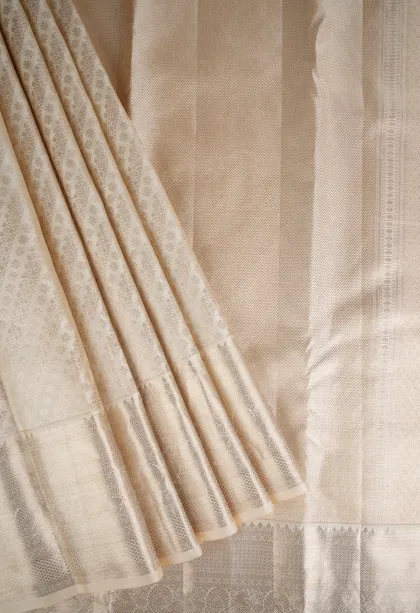 Cotton White Kanchipuram Silk Sarees with Gold Zari Cross Stripes