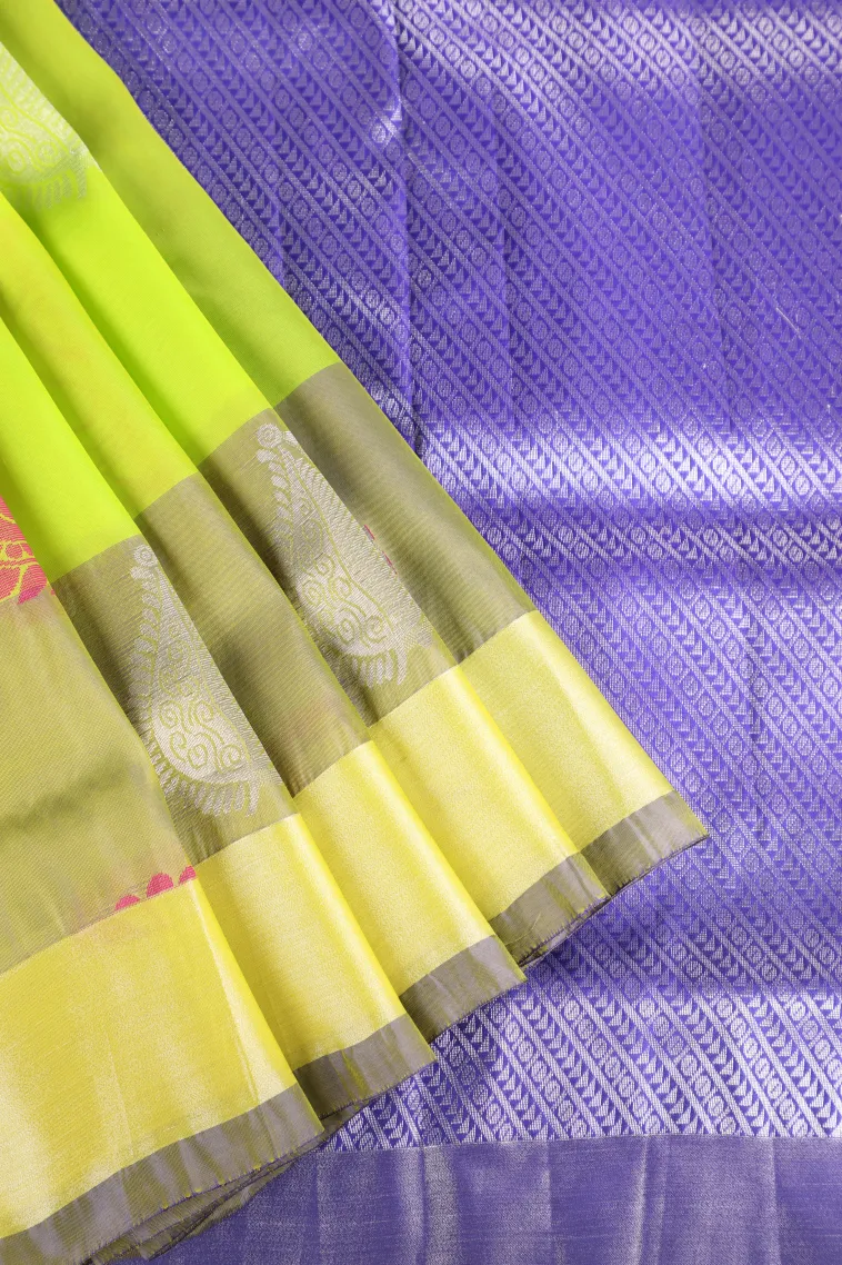 Chartreuse Green Soft Silk Saree with Silver Zari Mango Puttas