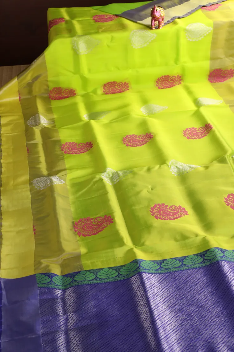 Chartreuse Green Soft Silk Saree with Silver Zari Mango Puttas view 2