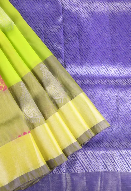 Chartreuse Green Soft Silk Saree with Silver Zari Mango Puttas