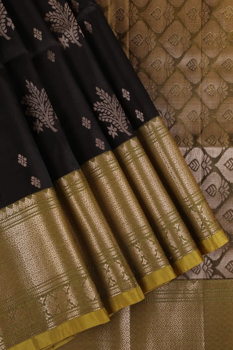 Asphalt Black Soft Silk Saree with Gold Zari Kodi Pattern