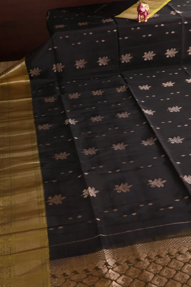 Asphalt Black Soft Silk Saree with Gold Zari Kodi Pattern view 2