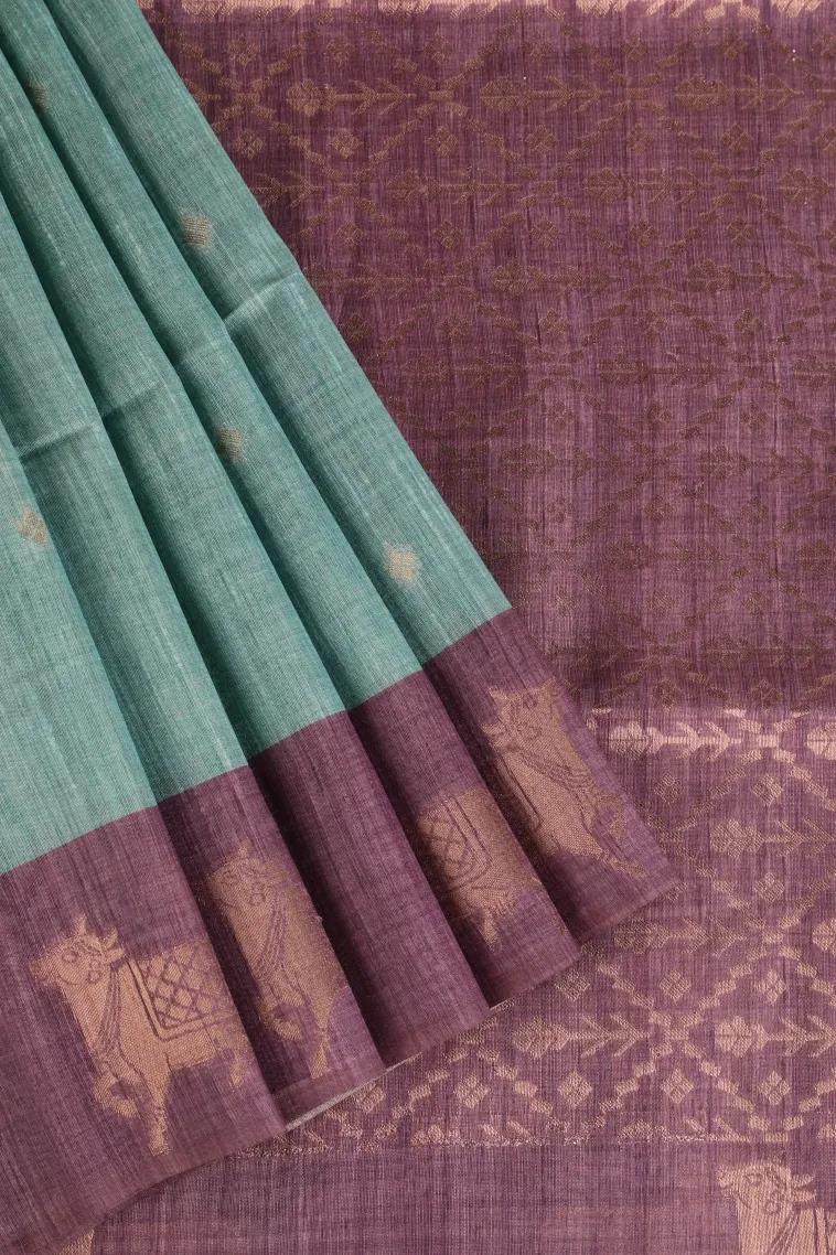 Sapphire Blue Semi Tussar Silk with Gold Zari Buttis (small Dots Or Motifs)
