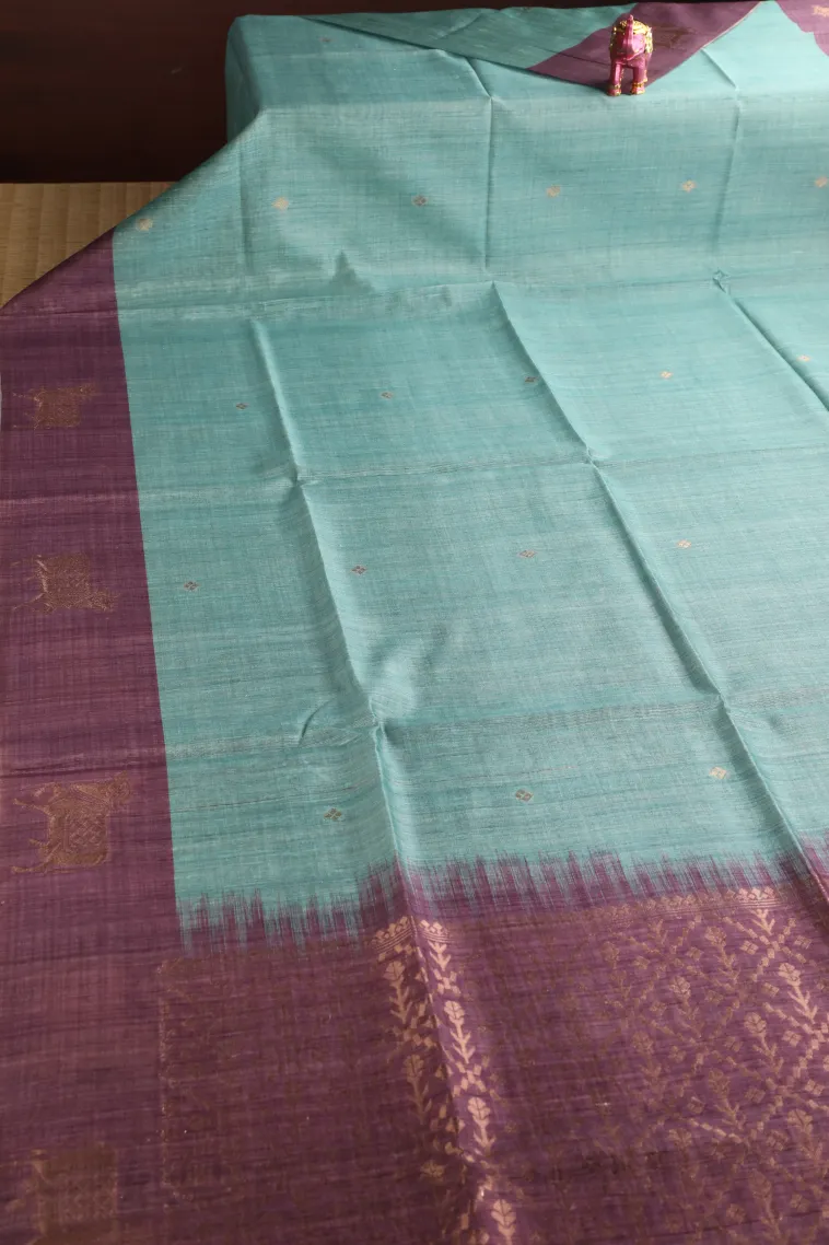 Sapphire Blue Semi Tussar Silk with Gold Zari Buttis (small Dots Or Motifs) view 2