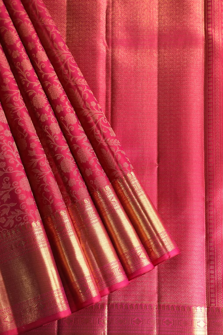 Magenta Pink Kanchipuram Silk Sarees with Gold Zari Floral Patterns