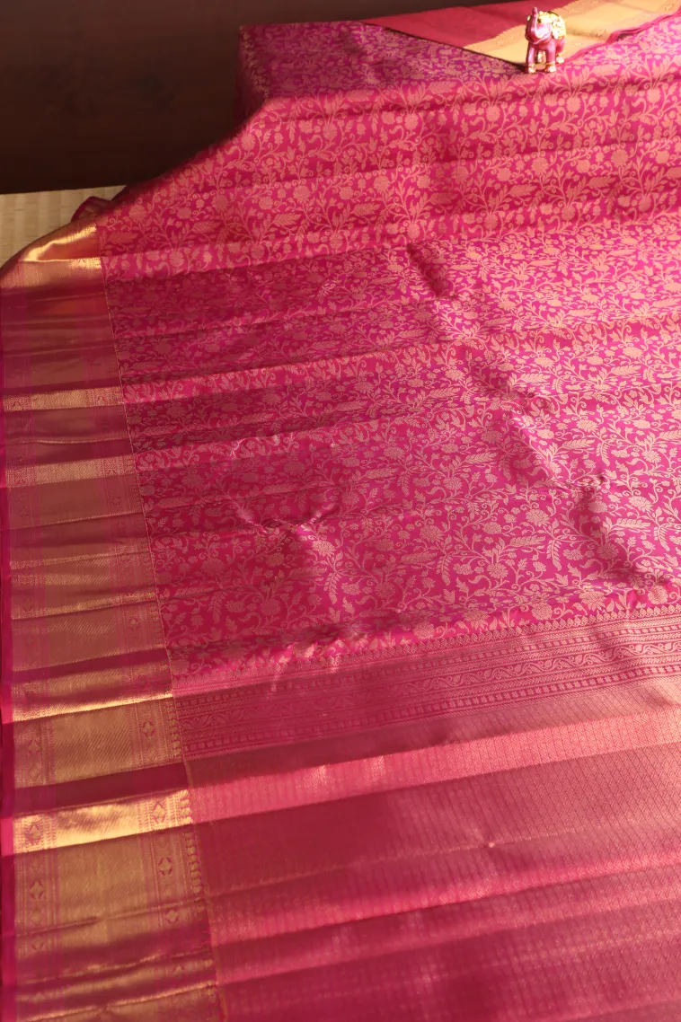Magenta Pink Kanchipuram Silk Sarees with Gold Zari Floral Patterns view 2
